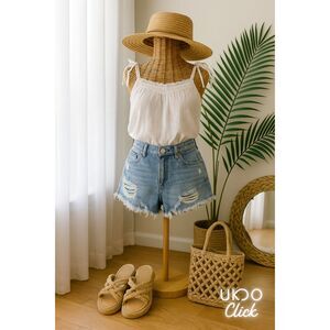 Women’s Light Denim Festival Shorts Boho Style Frayed Hem Soft Fabric